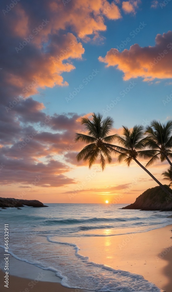 beach with palms, palm trees on the beach, sunset on the beach, fantastic beach scene