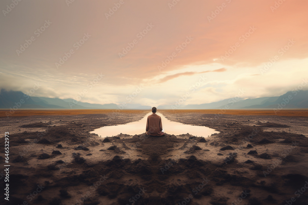 Surreal states of mind and meditation concept. Man silhouette sitting and meditating in surreal landscape with copy space. Minimalist geometric shapes and forms in background. Generative AI