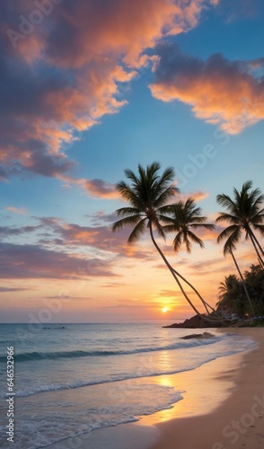beach with palms  palm trees on the beach  sunset on the beach  fantastic beach scene