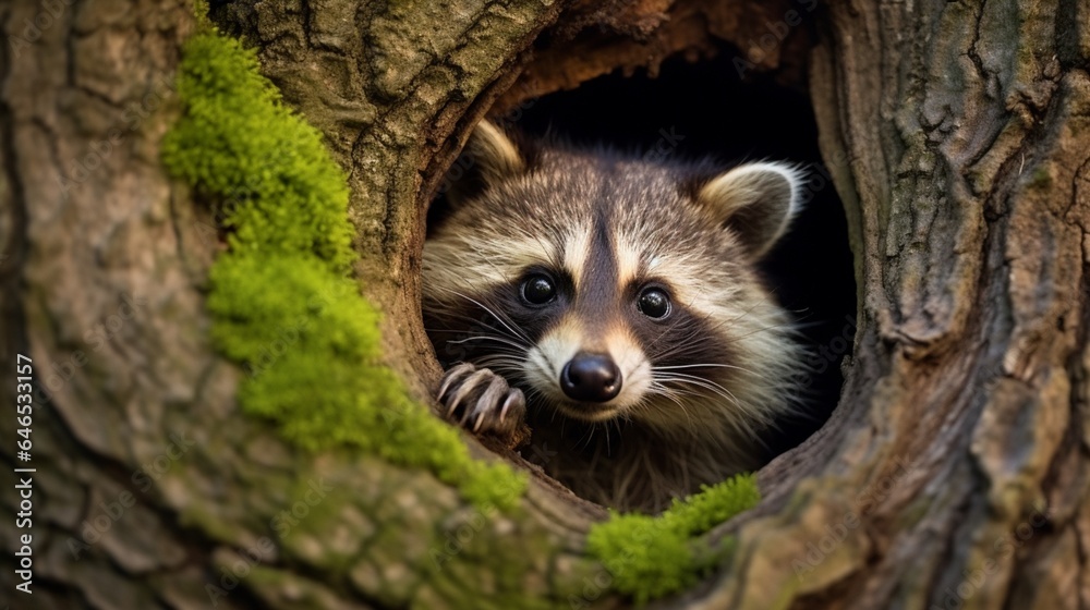 A curious raccoon peering out from the hollow of an old oak tree - obrazy, fototapety, plakaty 