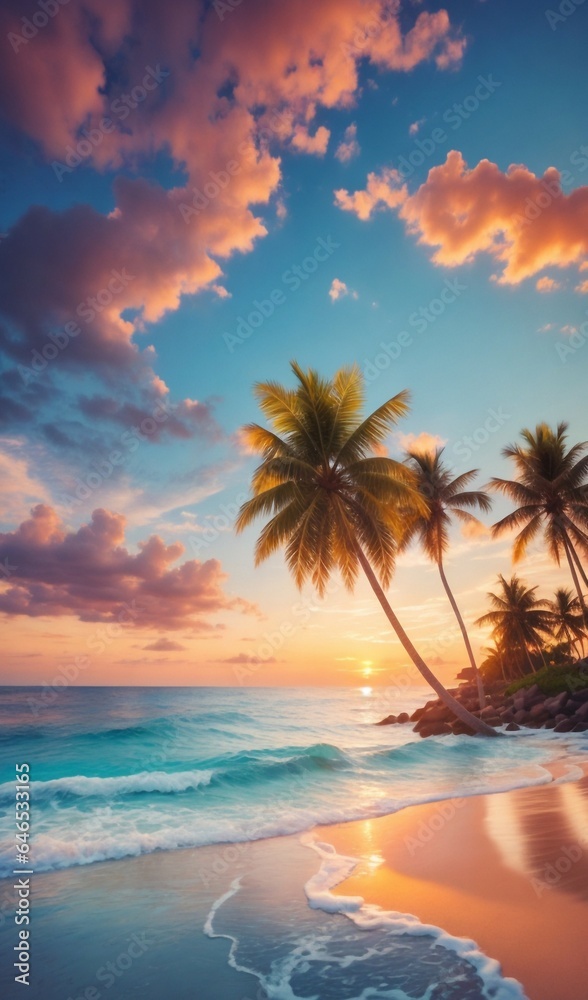 beach with palms, palm trees on the beach, sunset on the beach, fantastic beach scene