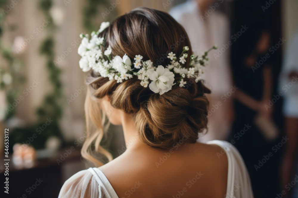 Naklejka premium Close up on the hairstyle of a beautiful bride. Concept motif on the subject of hairdresser, wedding and wedding preparations.