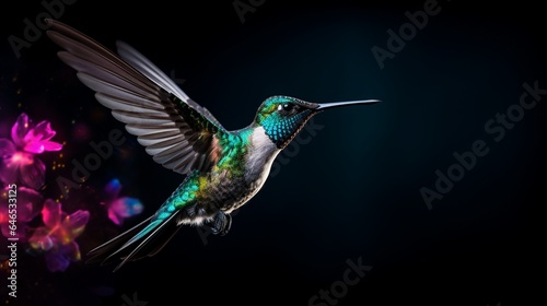 A curious hummingbird hovering mid-flight, its iridescent feathers glistening