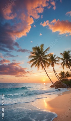 beach with palms  palm trees on the beach  sunset on the beach  fantastic beach scene