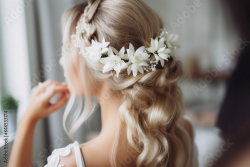 Close up on the hairstyle of a beautiful bride. Concept motif on the subject of hairdresser, wedding and wedding preparations.