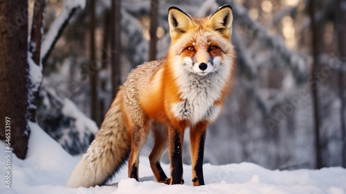 A curious red fox, its fiery fur a stark contrast to the snowy forest backdrop © ra0