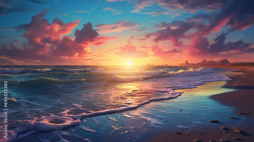 a deserted beach at sunset, with gentle waves, a colorful sky