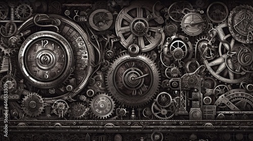 steampunk, pattern, old, metal, art, design, architecture, vintage, detail, wall, antique, ancient, decoration, texture, clock, wood, gold, ornament, religion, thai, flower, temple, generative, ai