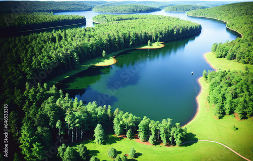 Aerial view of beautiful lake and forest in sunny summer day.