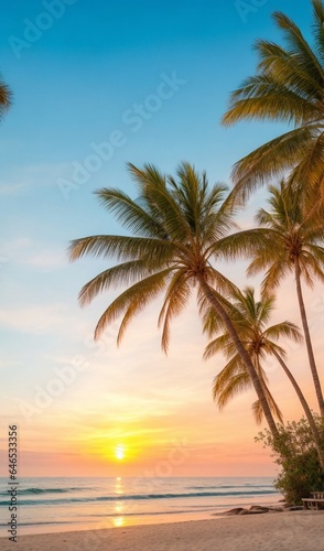 beach with palms, palm trees on the beach, sunset on the beach, fantastic beach scene © Gegham