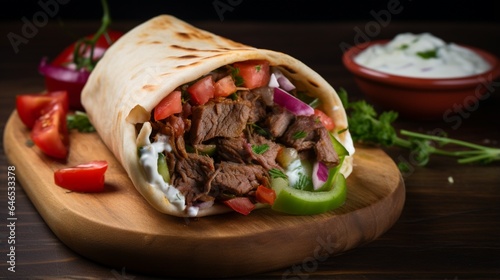 A delicious gyro, filled with tender meat and fresh veggies