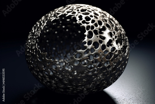 Surreal and abstract background concept. Silver object with tonal fractal debris pattern in the surface on black background with copy space. Generative AI © Rytis