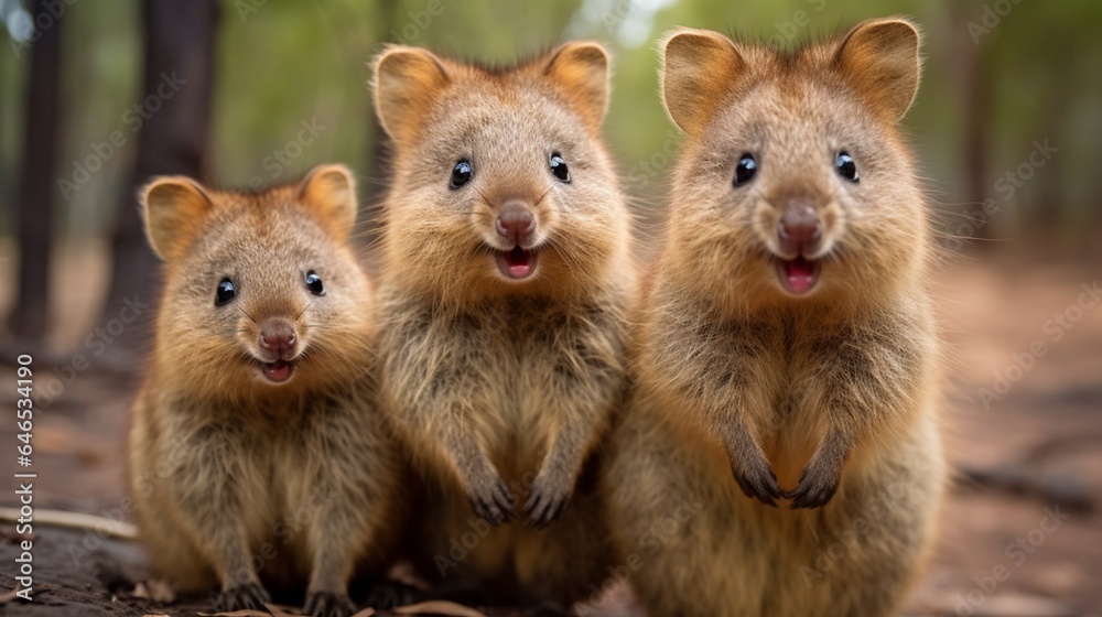 A family of quokkas, known for their perpetual smiling expressions