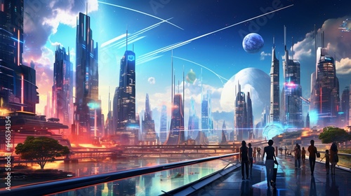 A futuristic city skyline with sleek  glass-walled buildings and holographic billboards