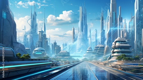 A futuristic city skyline with sleek, glass-walled buildings and holographic billboards