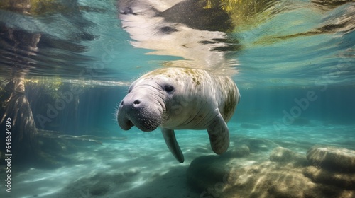 A gentle manatee gliding gracefully through the clear waters of a Florida spring