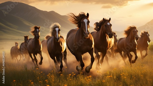A graceful herd of wild horses galloping freely through a sun-kissed meadow © ra0
