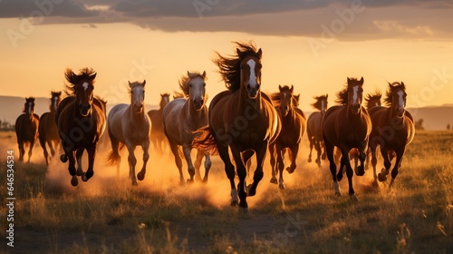 A graceful herd of wild horses galloping freely through a sun-kissed meadow