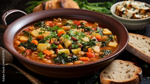 A hearty, vegetable-packed minestrone soup with crusty bread