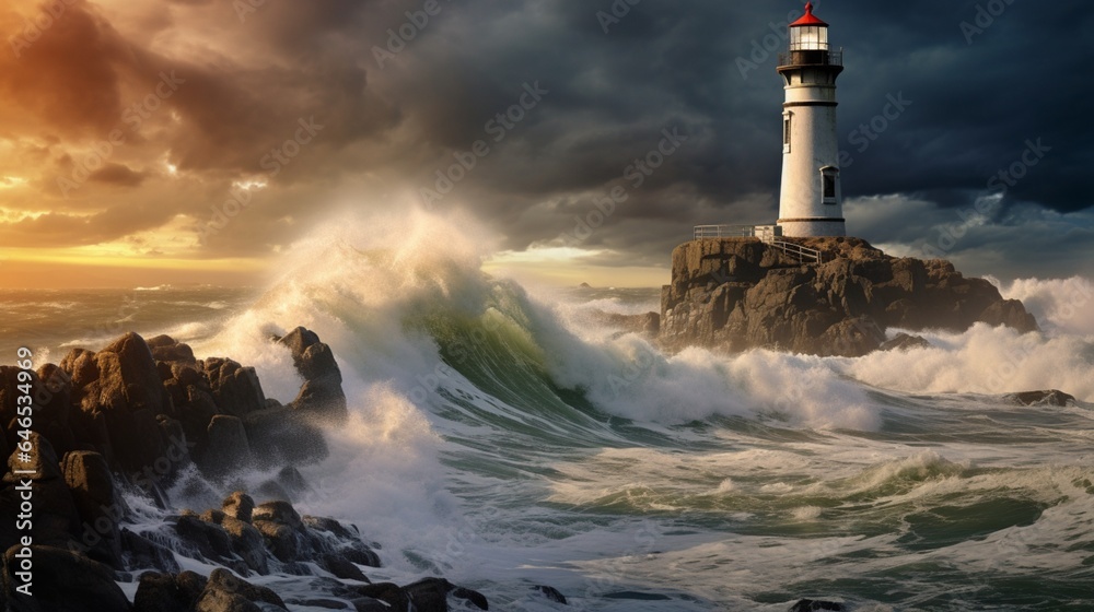 A historic lighthouse standing tall against crashing waves on the waterfront - obrazy, fototapety, plakaty 