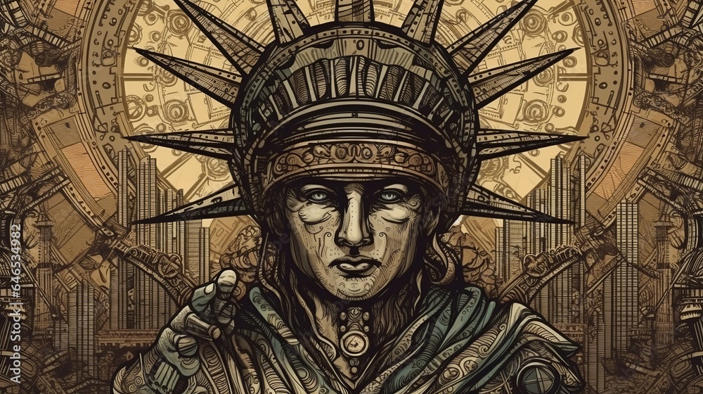 Obraz premium statue of liberty, freedom monument, liberty sculpture, lady liberty, iconic statue, symbol of freedom, colossal landmark, monumental structure, national symbol, New York generative ai