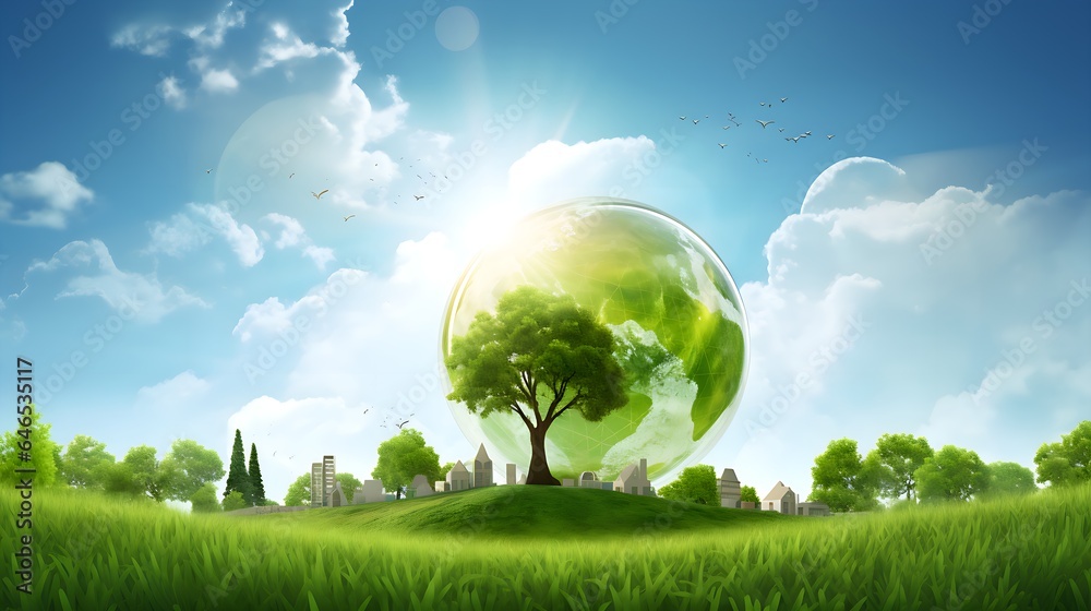Eco-Living Harmony: Sustainable Home of Tomorrow - Wallpaper Illustration, Green Energy, Green City