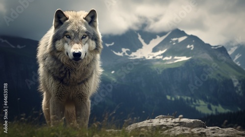 A lone wolf with piercing eyes, blending seamlessly into a pristine wilderness