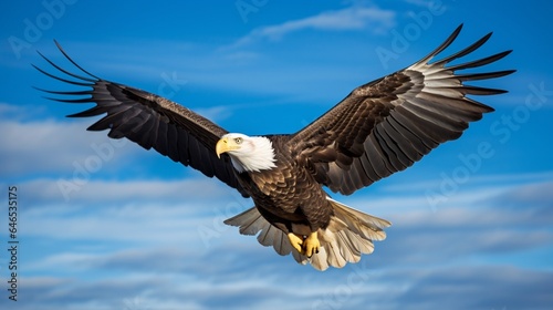 A majestic bald eagle soaring gracefully against a clear blue sky