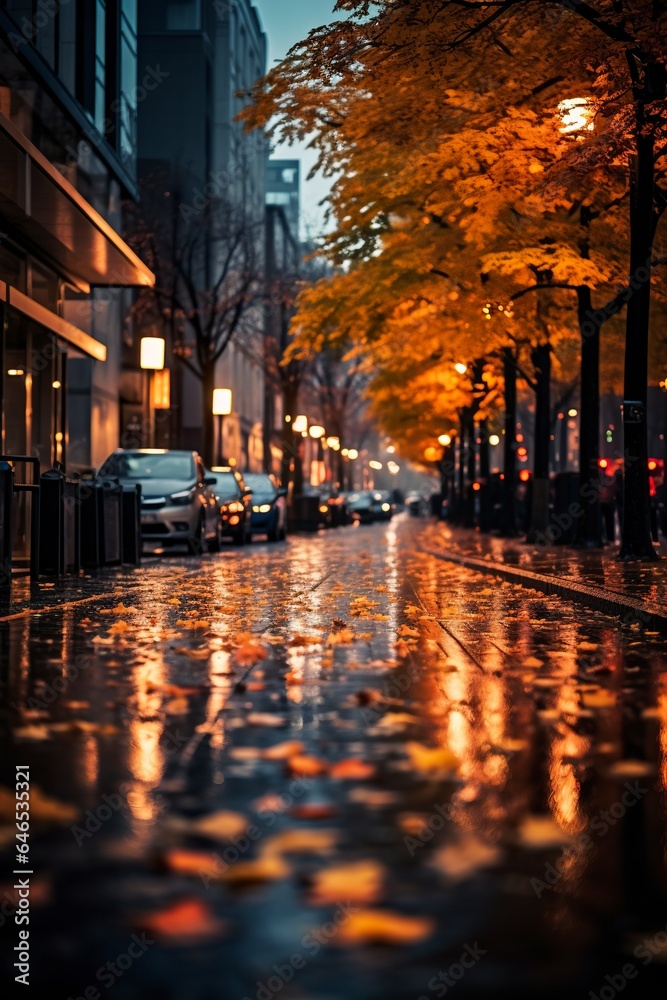 Under veil of night, in an urban landscape, a vertical photograph moody allure of a rain-drenched autumn street, glistening with golden leaves, creating a serene and atmospheric cityscape.