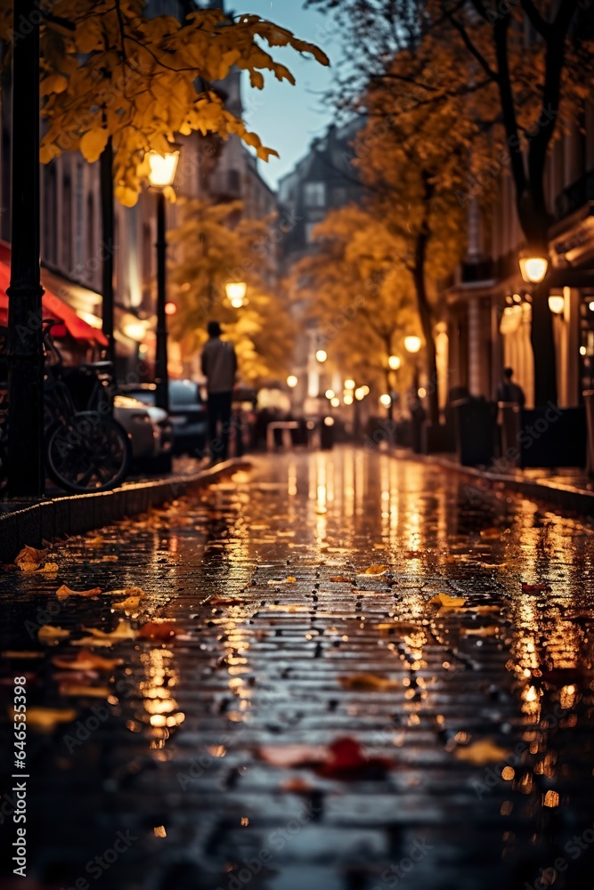 In heart of city, on a dark autumn night, a vertical photo captures enchanting ambiance of a rain-kissed street, adorned with golden leaves, evoking an atmospheric and tranquil urban scene.