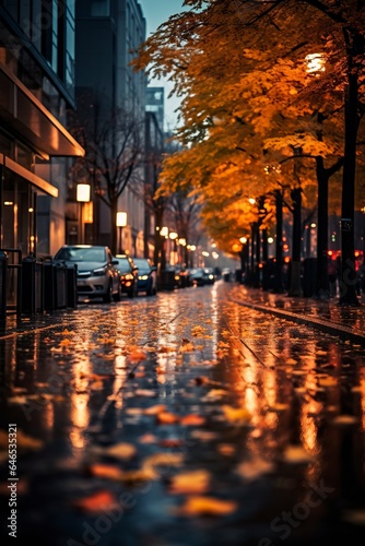 Under veil of night, in an urban landscape, a vertical photograph moody allure of a rain-drenched autumn street, glistening with golden leaves, creating a serene and atmospheric cityscape.