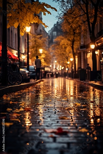 In heart of city, on a dark autumn night, a vertical photo captures enchanting ambiance of a rain-kissed street, adorned with golden leaves, evoking an atmospheric and tranquil urban scene.
