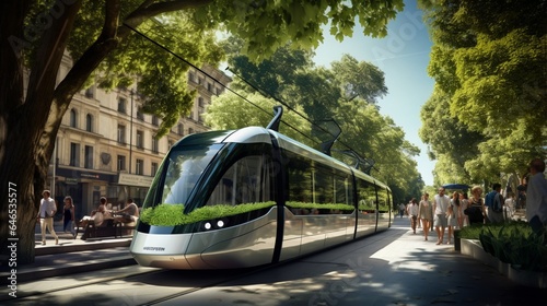 A modern tram gliding gracefully through the city's tree-lined boulevards