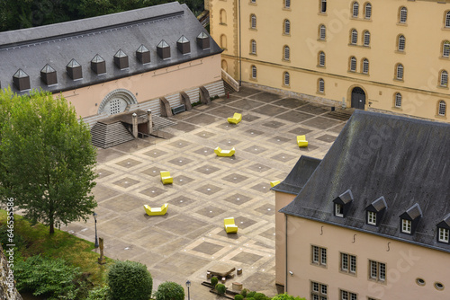 Square with Modern, Artful Benches in the Old Town, Luxembourg