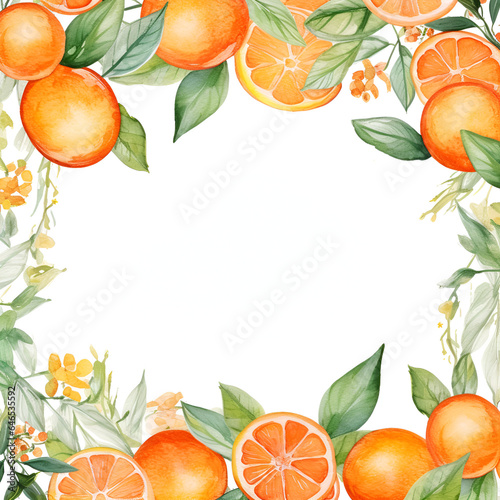 Flat lay background frame with mandarins and green leaves, white copy space
