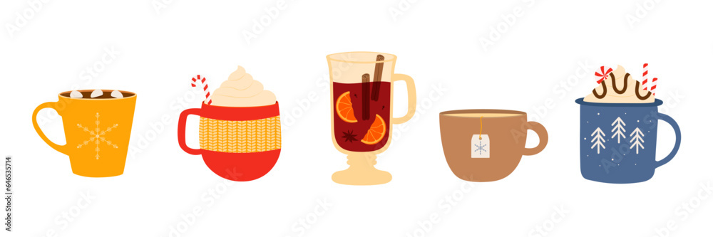 Set of hot winter drinks. Cups with warm drinks. Vector illustration - obrazy, fototapety, plakaty 