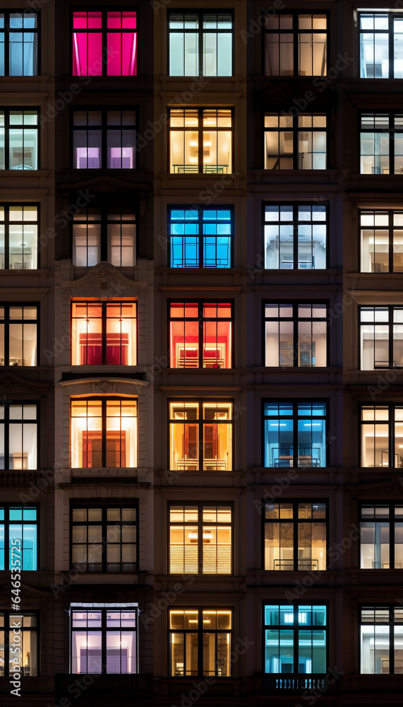 collage of luminous windows facade of building at night made with generative AI