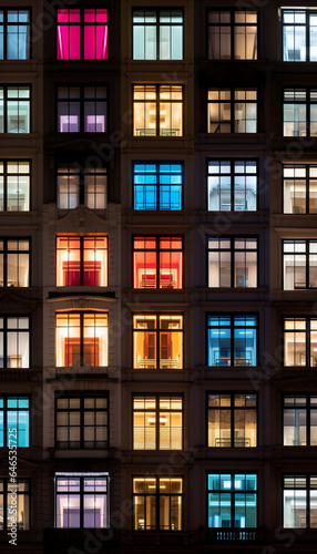 collage of luminous windows facade of building at night made with generative AI © Annuitti