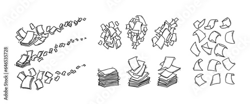 Big set of flying paper sheets in doodle style. Hand drawn blank document pages. Falling files of documents. Office business vector illustration