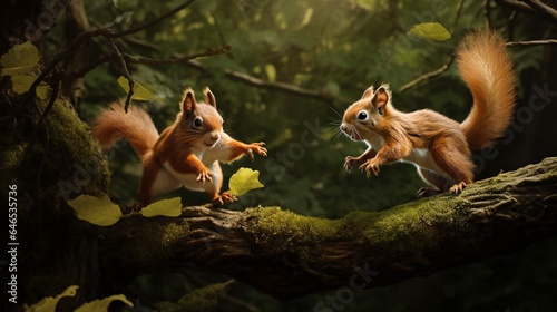 A pair of adorable red squirrels playfully chasing each other through the trees