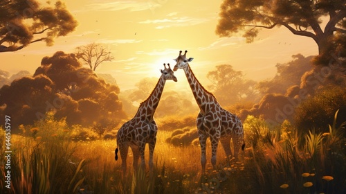 A pair of elegant giraffes gracefully grazing on lush  sunlit grasslands