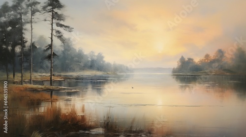 a peaceful lakeside at dawn, with mist rising from the calm water and the first light of day painting the landscape © ra0