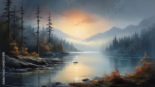 a peaceful lakeside at dawn, with mist rising from the calm water and the first light of day painting the landscape
