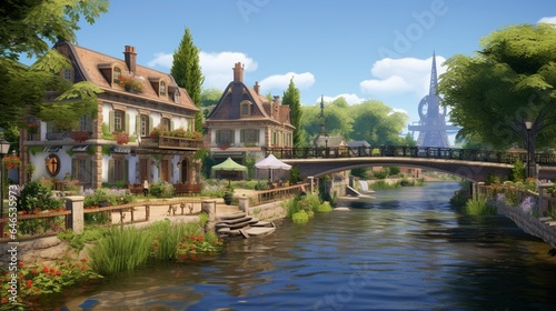 a picturesque village along a tranquil river, with historic bridges, weeping willows, and the timeless beauty of riverside living