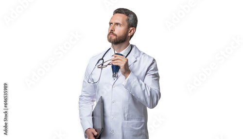 photo of thoughtful emedicine and doctor man with laptop. doctor promoting emedicine