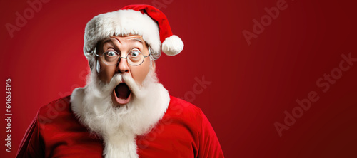 Shocked Santa Claus on a Red Banner with Space for Copy photo