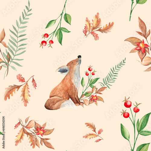 Seamless watercolor pattern with cute baby fox  oak leave  red berries and branch with red flower on beige background. Botanical hand drawn illustration. Can be used for gift wrapping paper  kitchen