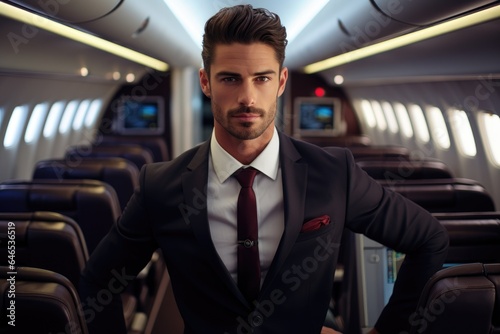 Smiling male flight attendant portrait standing in plane. Generative AI © piai