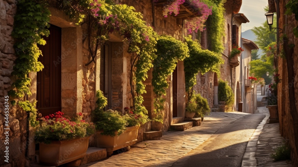 A quiet cobblestone street in a quaint village, lined with charming cottages and ivy-covered walls