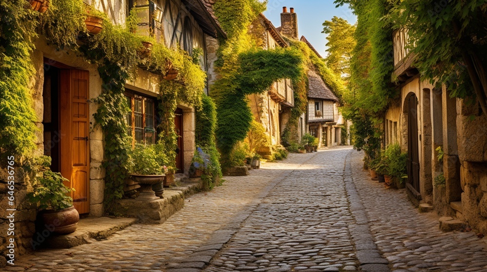 A quiet cobblestone street in a quaint village, lined with charming cottages and ivy-covered walls